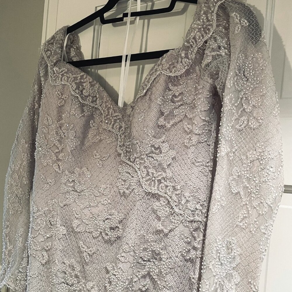 Lillie Rubin Pale Taupe Lace Fully Beaded Long Formal VTG Evening Gown - Sz 8